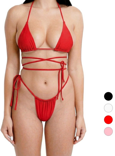 걸포유 하이 레그 섹시 홀터 넥 스트랩 끈 비키니 수영복, 레드