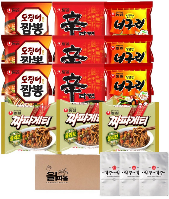 봉지라면 & 후레이크 신라면 3P+얼큰너구리 3P+오징어짬뽕 3P+짜파게티 3P+먹꾸먹꾸 라면후레이크 3P, 1세트