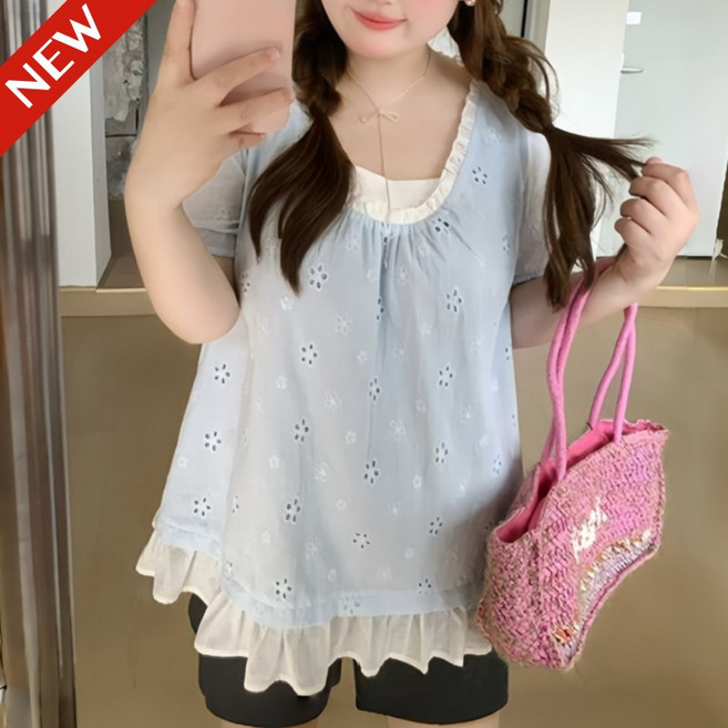 (대박난) 150kg까지 빅사이즈 여성 러블리한 독특한 레이스티 패치워크 반팔 티셔츠 여름 편한 u넥 프릴 레이어드 미디티 화사한 오버핏 날씬해보이는 셔링 펀칭티 디자인 패션 티