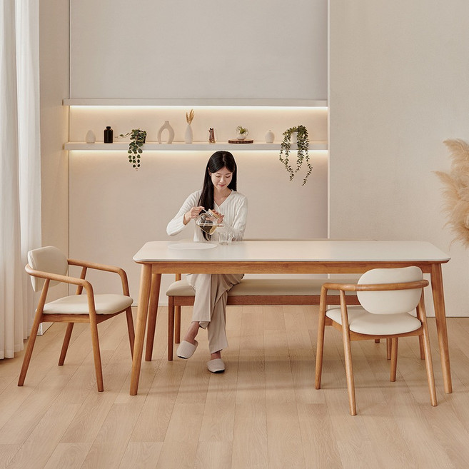 동서가구 로사 6인용 원목 세라믹 식탁 세트 1800 (의자2+3인 벤치1) DF927590, 상판 베이지 / 식탁 내추럴, 일반 2 + 벤치 1