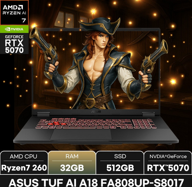에이수스 2025 TUF 게이밍 노트북 A18 라이젠7 260 지포스 RTX 5070, FA808UP-S8017, WIN11 Home, 32GB, 512GB, 예거 그레이