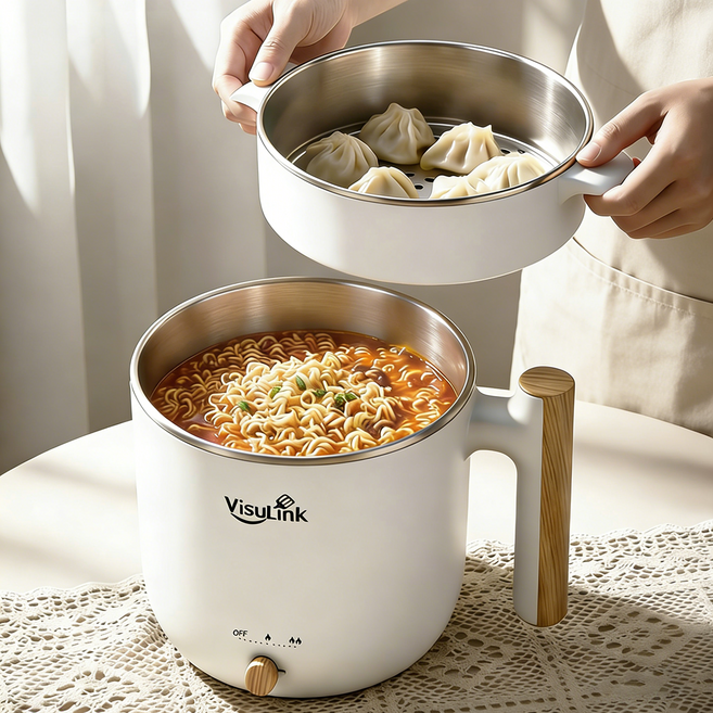 VisuLink 2in1 멀티 전기 냄비 1.5L 증조리 일체형 전기 냄비 2단계 화력 조절 가능 가정용 전기 핫팟/라면 냄비, 흰색