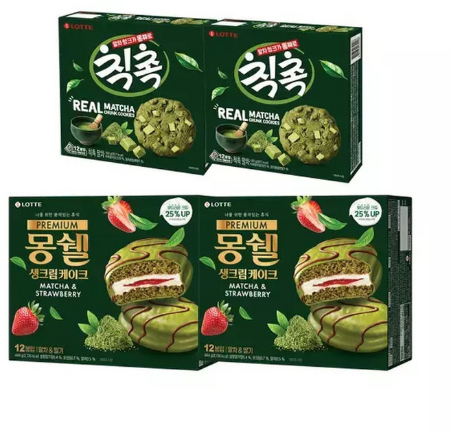롯데백화점롯데웰푸드 칙촉 말차 180g x2개+몽쉘 말차n딸기 444g x2개, 롯데제과 칙촉 말차 180g x2개+몽쉘 말차n딸기 4, 2개