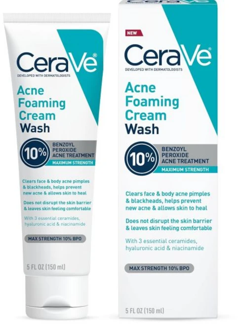 세라브 여드름 거품 크림 워시 벤조일 과산화물 히알루론산 나이아신아마이드가 함유된 젠틀 페이스 앤 바디 클렌저 트리트먼트가 여드름과 블랙헤드를 5온스 제거합니다, 1개, 150ml - 쿠팡