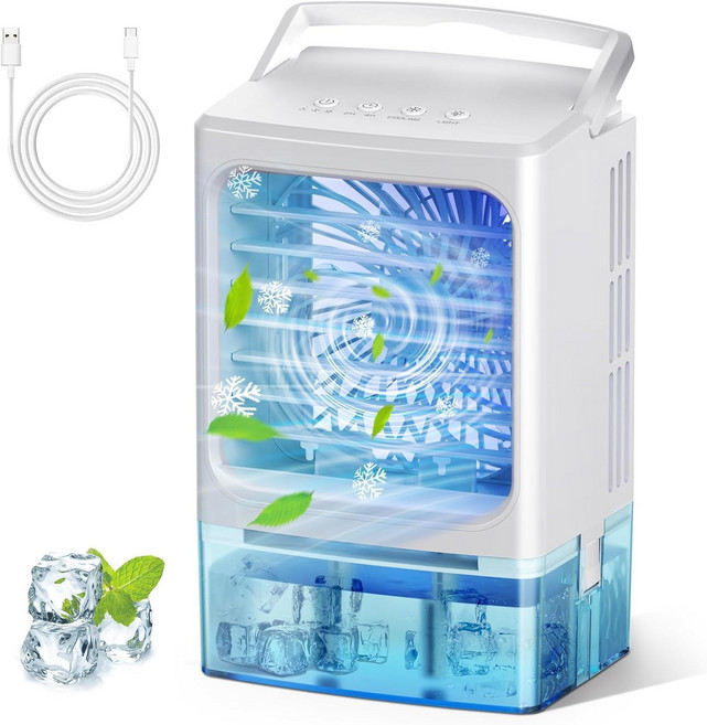 휴대용 에어컨 3in 미니 AC 유닛 3단 얼음 안개 포함 900ML 물탱크 냉각 팬 24H 머 7색 조명 자동차 침실용 증발식 쿨러 사무실 책상 텐트 Rv