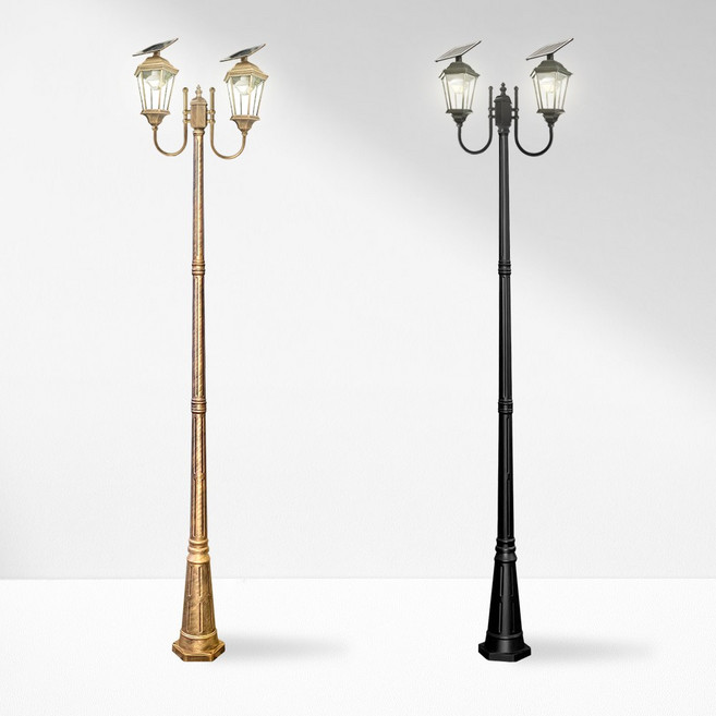 나눔조명 태양광 가로등 엔틱 태양열 조명 LED 정원등, 2구 투명 육각등, 2.6m, 황동색(노란빛)