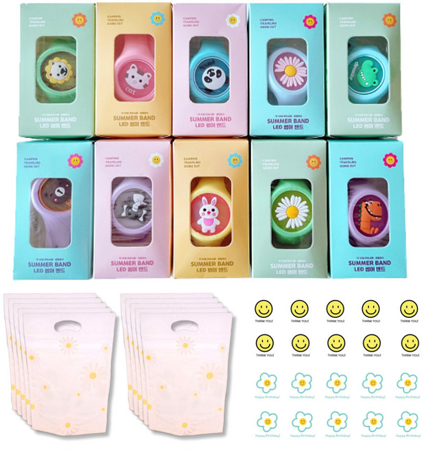 [미포리댁] 어린이집 생일 답례품 선물 유치원 구디백 썸머밴드 모기팔찌, 10개, 썸머밴드+데이지 지퍼백