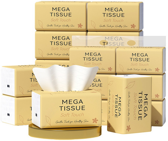 메가티슈 소프트터치 5겹 뽑아쓰는 두툼한 티슈 화장지 80매 18팩 가정용 사무실용 천연펄프 100% 부드러운 각티슈, 18개