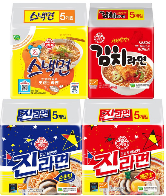 오뚜기 봉지라면 4종세트(스낵면+진순+진매+김치라면), 1세트