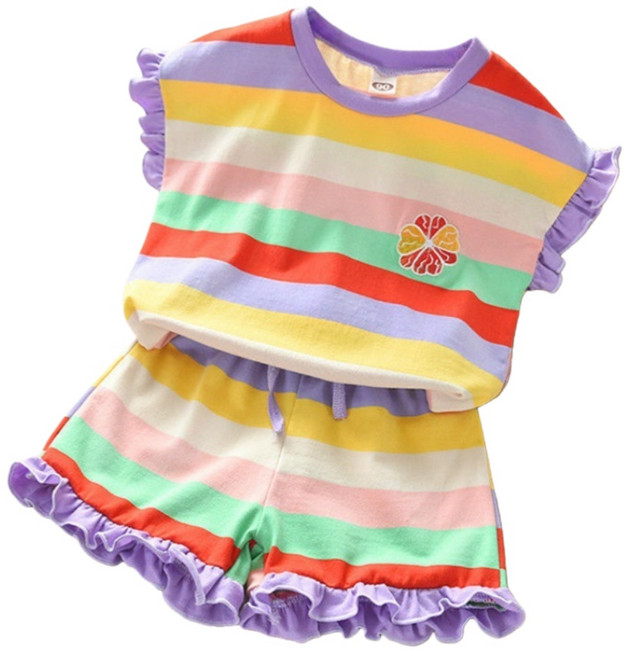 萱寶媽咪 女童木耳邊花邊短袖短褲兩件套