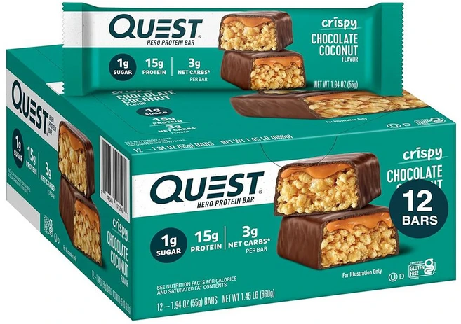퀘스트 뉴트리션 크리스피 초콜릿 코코넛 프로틴 바 입 Quest Nutrition Crispy Chocolate Coconut, 55g, 12개 - 쿠팡