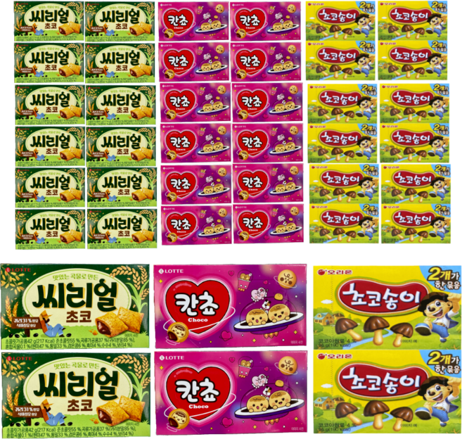 오리온제과 초코송이 72그램 + 롯데제과 칸쵸 108그램 + 롯데제과 씨리얼 초코 84그램 (판매원 주식회사 씨엠몰), 264g, 7세트