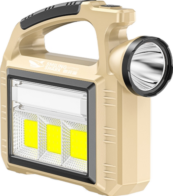 太陽能應急探照燈 強光手電筒 LED COB 露營燈 戶外巡邏照明, 1個, 【卡其】微笑鯊 ST-5134A