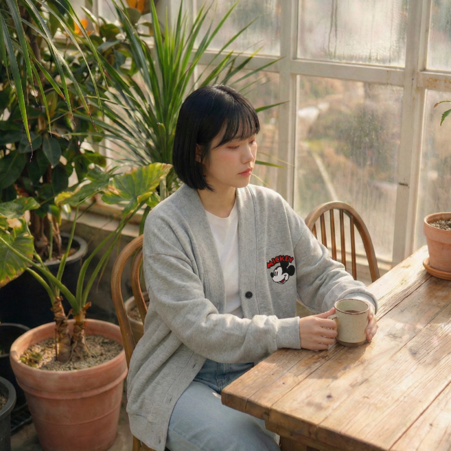 디즈니 미키 양기모 브이넥 스웻 가디건
