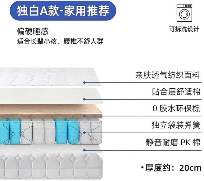 獨白A款 偏硬睡感床墊 全拆可水洗 獨立袋裝彈簧, 1個, 【硬中帶軟】A全拆床墊整張發貨1200mm*2000mm