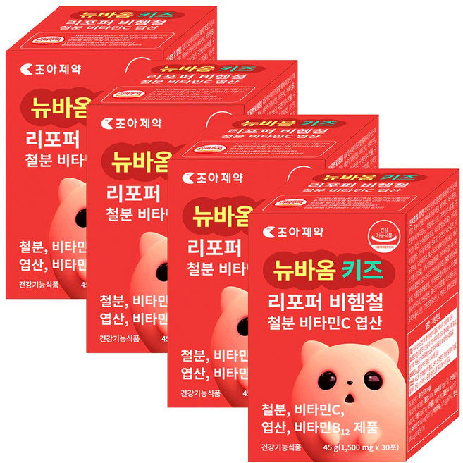 뉴바옴 키즈 리포버 비헴철분 엽산 비타민C 비타민B12 철분제 헤모론 헤모글로빈 빈혈 청소년 어린이 유아 아기 영유아 비햄철(non-heme iron), 4개, 30정