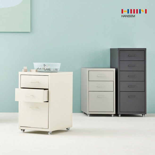 한샘 NEW 마카롱 철제 3단 서랍장, 크림화이트