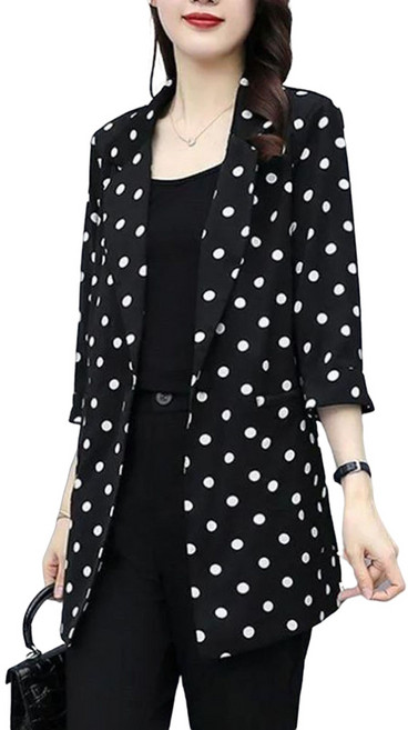 ROYALBELLE 여성 빅사이즈 땡땡이 블레이저 자켓 카라넥 캐주얼룩 세련된 정장 자켓 V41514