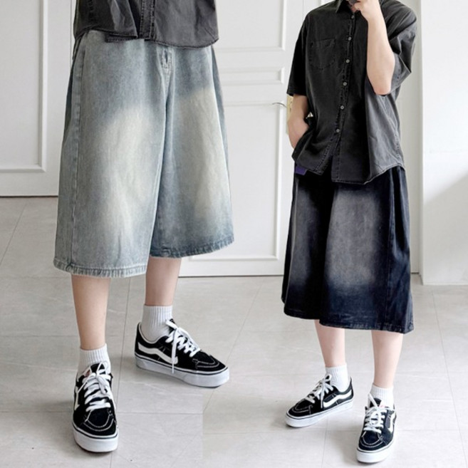 남녀공용 S-3XL 벌룬핏 와이드 버뮤다 데님 팬츠