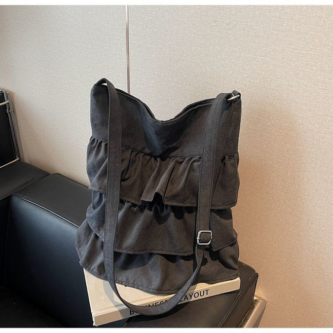 韓國 裙襬荷葉邊 褶皺托特包, 黑色