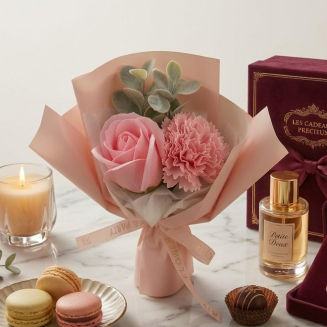 무아스튜디오 사랑담긴 장미&카네이션 미니 꽃다발 생화느낌 선물 납골당, 1개, 핑크