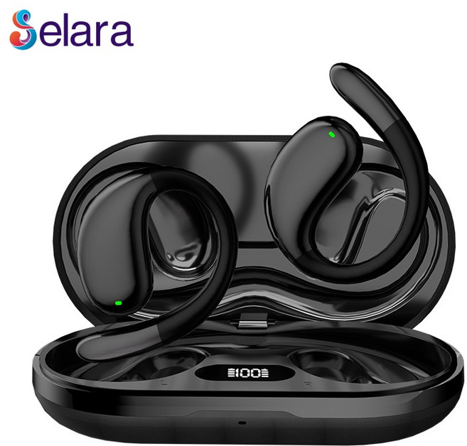 Selara 오픈타입 스포츠블루투스 이어폰 무선블루투스이어폰 귀걸이형 비삽입 가벼운이어폰, 블랙, QQ998