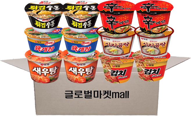 글로벌마켓 농심 사발면 큰컵(튀김+육개장+새우+신라면+사리+김치) 6종 X 2, 농심 + 오뚜기 12종 12개, 1개