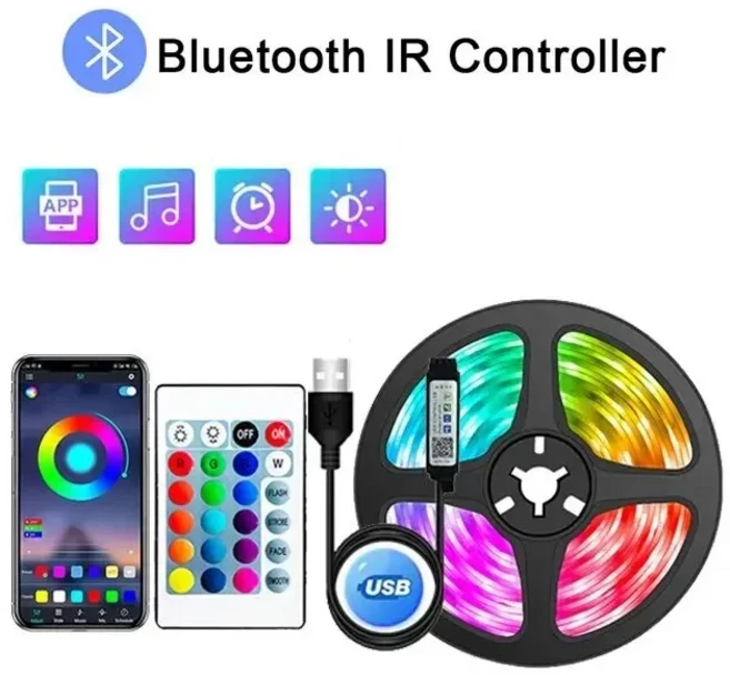USB LED 스트립 조명 블루투스 앱 제어 TV RGB 5050 유연한 리본 다이오드 테이프 백라이트 방 장식, [01] Bluetooth control, [04] 5m, 02 5m