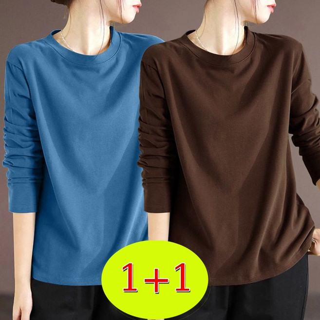 POMTOR 1+1 봄 가을 중년여성용 순면 긴팔티셔츠 캐주얼 루즈핏 심플 베이직 맨투맨 데일리 엄마옷