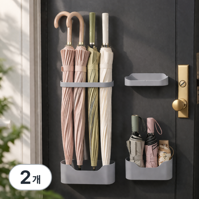 홈플로우 무타공 벽걸이 현관 우산꽂이, 그레이, 2개