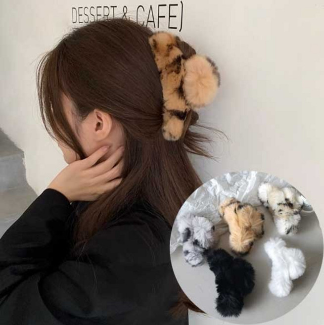 프라픽 폼폼이 레오파드 호피 밍크 퍼 빅사이즈 올림머리 집게핀