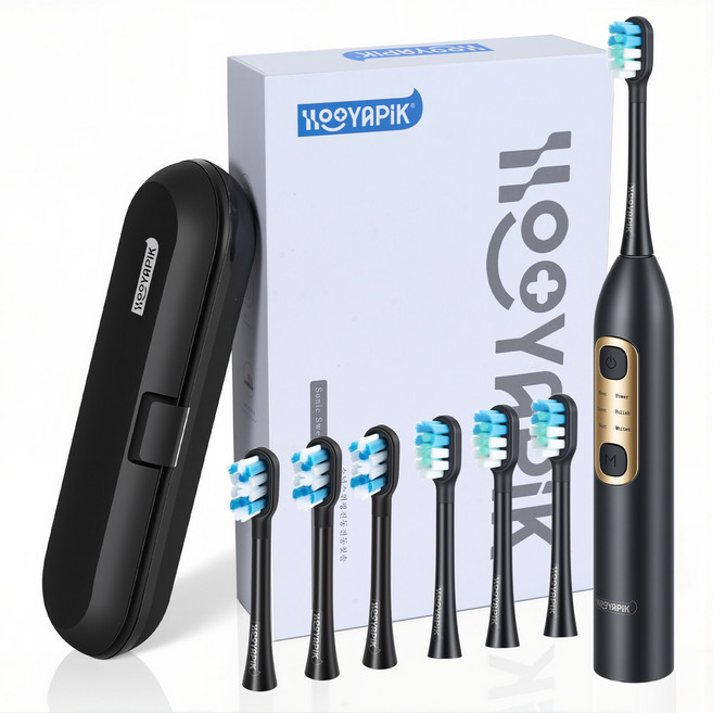 Hooyapik 음파 진동 전동칫솔 스마트 음파 전동칫솔 전동칫솔 리필브러쉬 6 개+여행가방, 1개, 블랙, E0020