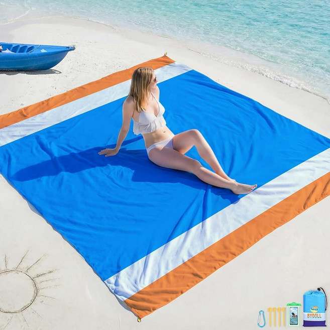 BYDOLL Beach Blanket Waterproof Sandproof Large Sand Free 78''X110'' Oversized Sandless Lightweig, 78인치 x 110인치, 블루 오렌지