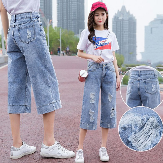 ORZQU 여름 여성 하이웨스트 스트레이트 데님 팬츠 와이드 7부 찢청바지