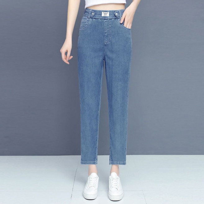 PEROLA 여성 여름 데님 바지 시원한 하이웨스트 스판 날씬해 보이는 배기 바지 청바지