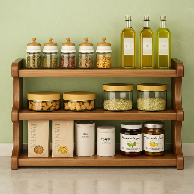 주방 정리대 우드 3단 선반 주방선반 수납랙 조리대 정리 조미료 수납대 양념통 다용도렉 wd_501935, 1개, 엔틱우드계열
