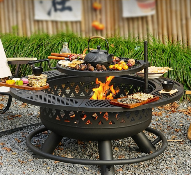 하로나 올인원 캠핑 화로대 대형 야외 원형 화로 테이블형 캠프파이어 불멍 바베큐 그릴 화덕, 1세트