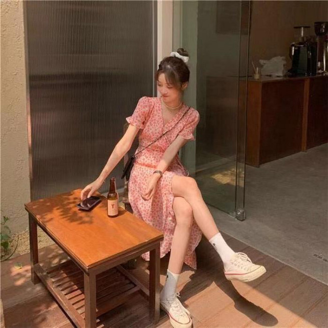 女款長洋裝 雪紡 碎花 粉色 法式 休閒 約會穿搭, 主图色,XL