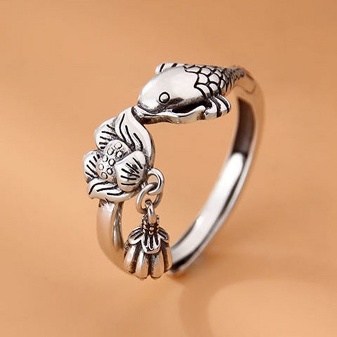 ROYALBELLE 남여공용 재물운 빈티지 은 실버 연꽃잉어 물고기 반지 조절가능 은반지 V70411