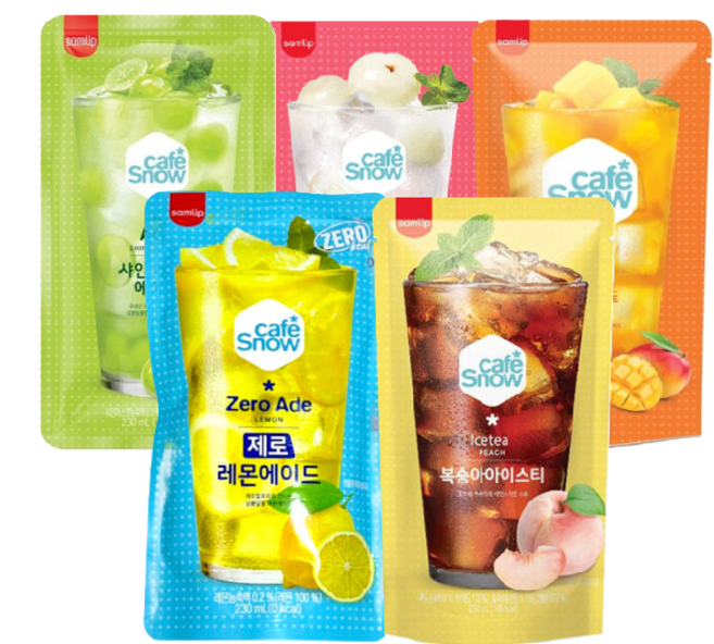 삼립 카페스노우 에이드230ml 5종(샤인머스캣x10+리치x10+ 애플망고x10+제로레몬x10+ 복숭아x10)50개, 50개, 230ml