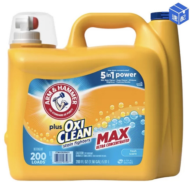 ARM & HAMMER 5in1 Power 濃縮洗衣精 Oxi CLEAN MAX 200 Loads 6.91L 清新香, 1個, 5.91L