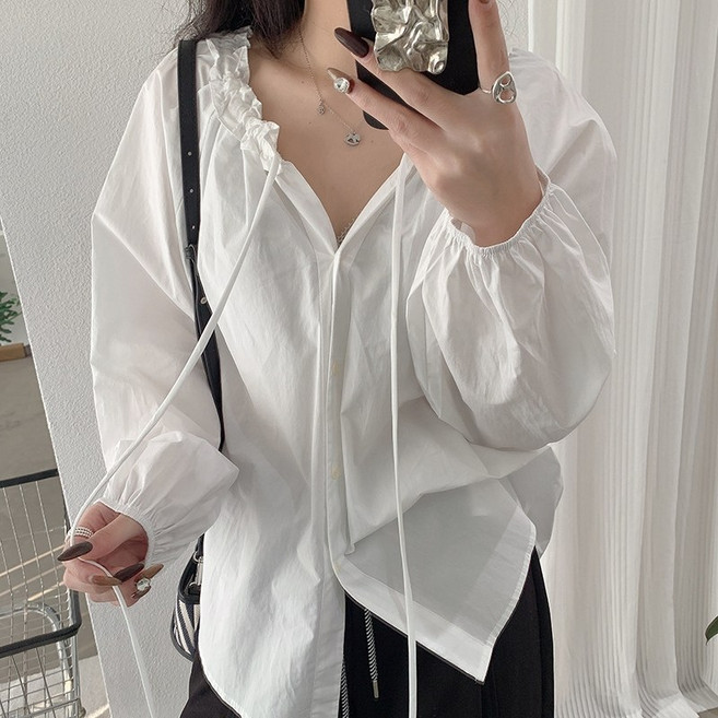 ANYOU 여성 긴팔 셔츠 루즈핏 브이넥 조절 끈 디자인 셔츠