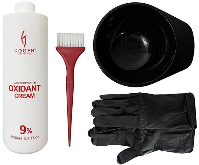 변색 복원 황변 제거 코겐 9% 산화제 세트 4종 (산화제1000ml+염색볼+염색솔+장갑), 1개 - 쿠팡