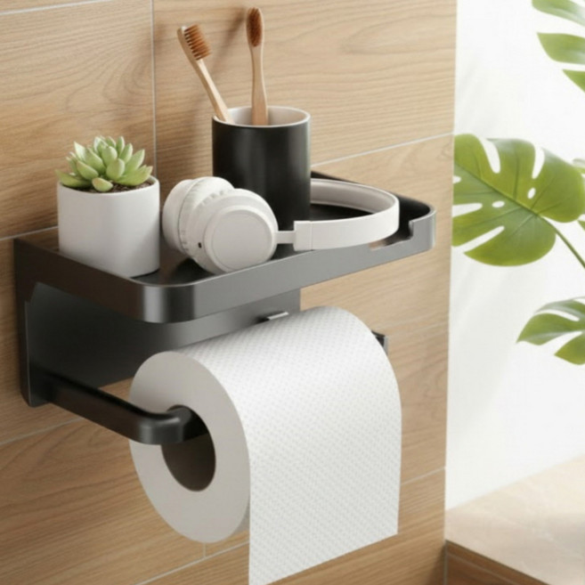 이거슨픽 욕실 화장실 무타공 접착식 선반형 휴지걸이, 블랙, 1개