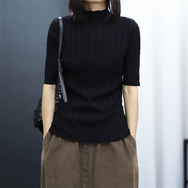 TKX 여성용 봄 가을 5부소매 니트 반하이넥 슬림핏 캐주얼 데일리 사무실 패션