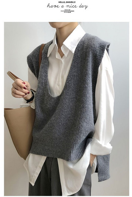 체인지쉬(change she)여성 봄 가을 브이넥 니트 베스트 루즈핏 오버핏 레이어드 조끼