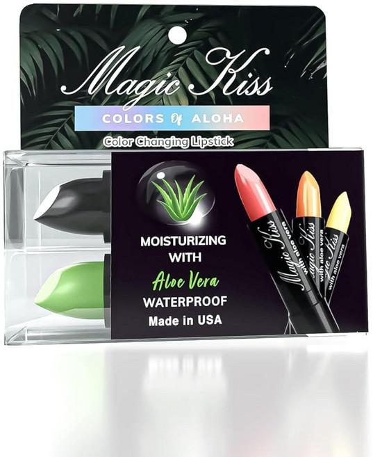 Magic Kiss 색상 변경 매트 립스틱 세트 오래 지속되는 영양 입술 모이스처라이저 매직 온도 립밤 알로에 베라 PH 포함 미국 제조 ( - 그린 & 블랙), MK 2피스 그린 & 블랙