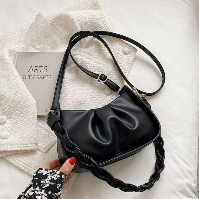 腋下包包女 百搭 雲朵包 單肩包 斜挎包 軟包, 黑色（雙肩帶）