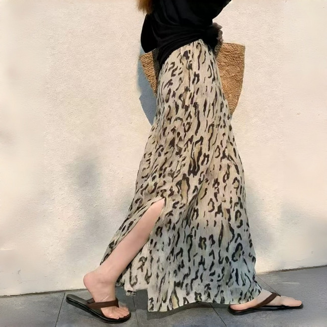 ORZQU 여름 여 쉬폰 트임 미디 스커트 여름 하이웨이스트 A라인 치마 오는 롱스커트