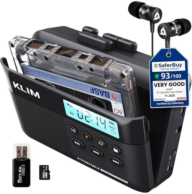 KLIM K7 카세트 테이프 플레이어 + 카세트에서 MP3로 변환기 휴대용 내장 마이크 및 스피커 충전식 배터리 이어폰 32GB SD 카드, 8GB Black
